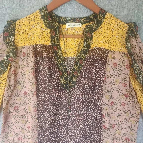 Ulla Johnson Norma Blouse Women's Multicolor Sheer Floral Patchwork Ruffle Boho - Picture 9 of 11
